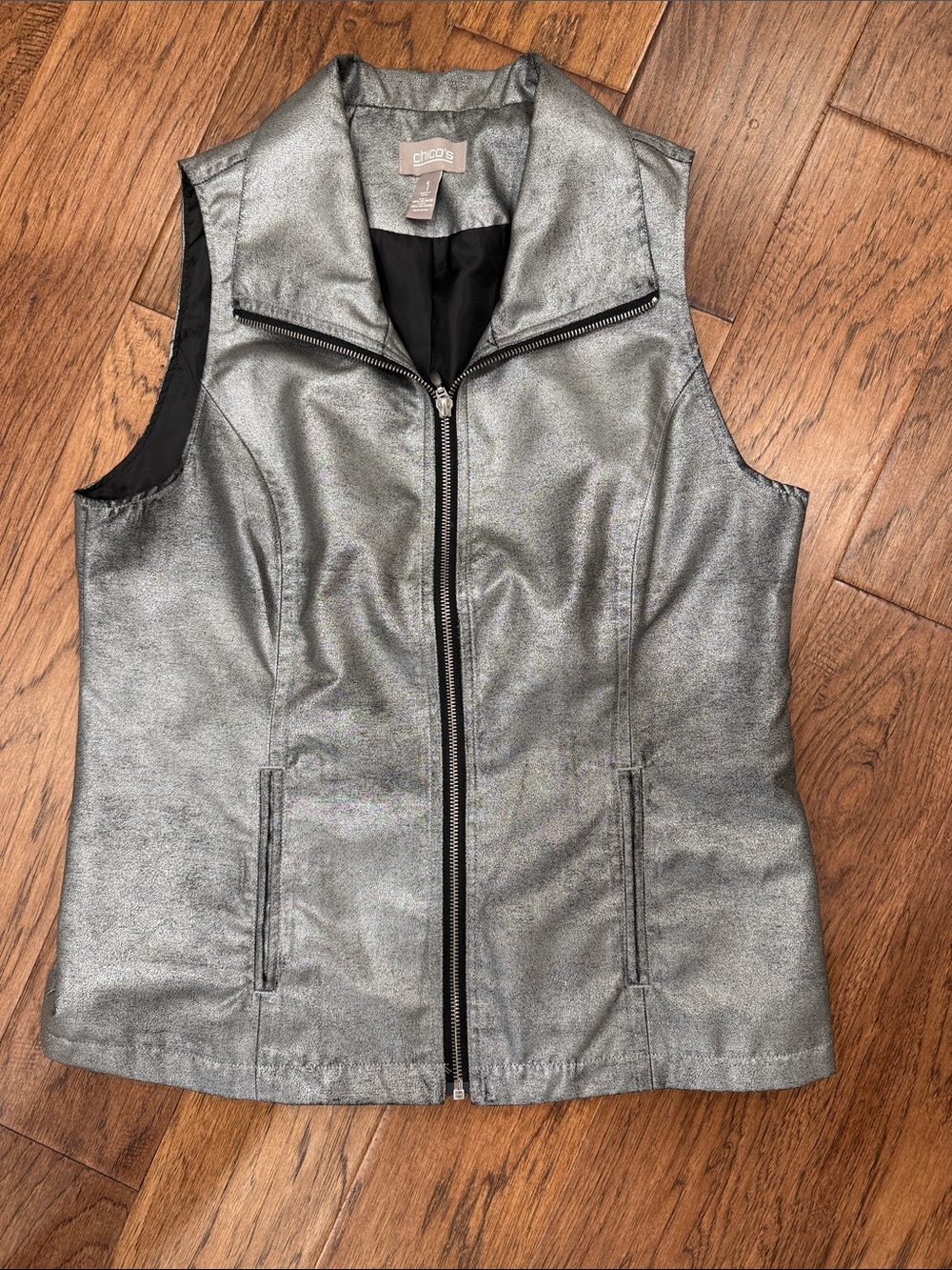 Chico's Metallic Pewter Sleeveless Zip Vest